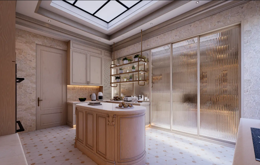 Modular kitchen designers in Sector 76 Gurugram — timber cabinetry with stone counter